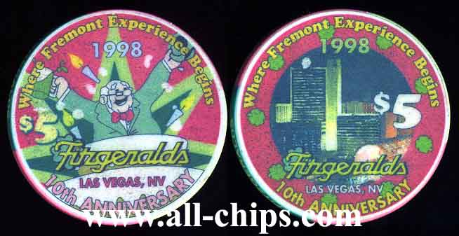 $5 Fitzgeralds 10th Anniversary 1998 Where Fremont St Experiance Begins