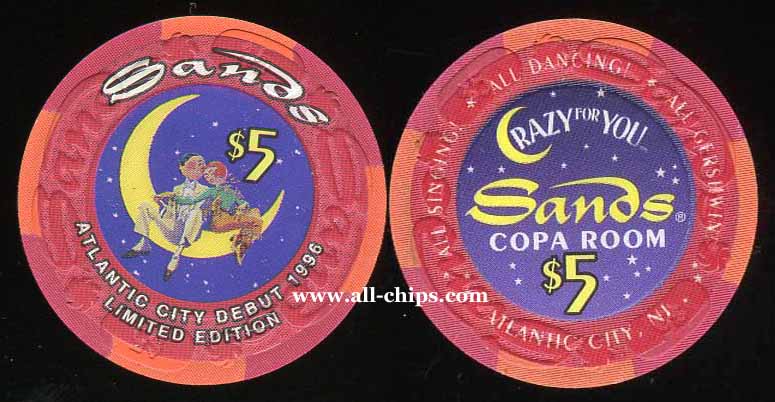 SAN-5e $5 Sands Copa Room Atlantic City Debut 1996 Rare Un-Released Chip