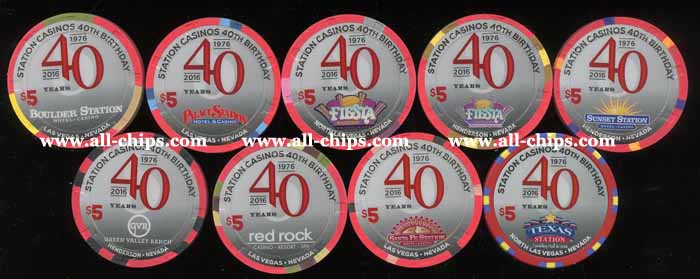 9 $5 Stations Casinos 40th Birthday Chip Set