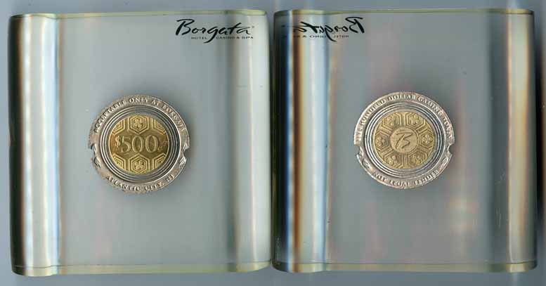 $500 Notched Borgata Slot token in Lucite holder