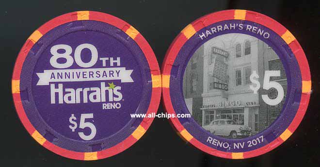 $5 Harrahs Reno 80th Anniversary 2017