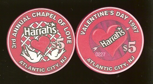 HAR-5g $5 Harrahs Valentines Day 1997 3rd Annual Chapel of Love