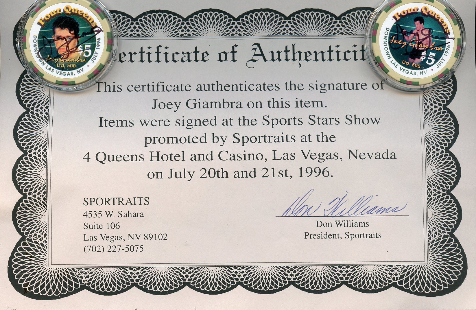 2 $5 Four Queens Autographed Joey Giambra chips w/ COA Boxing