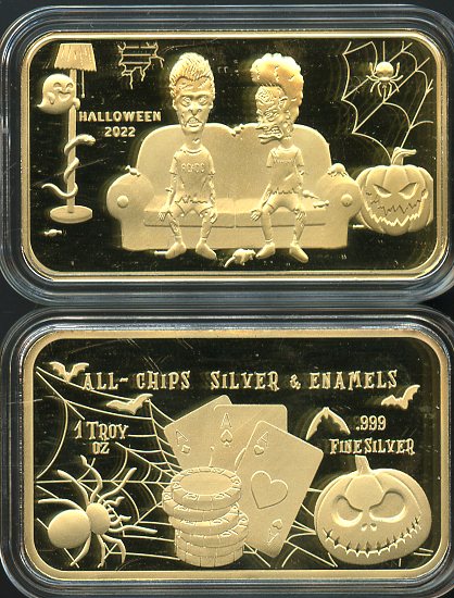 Beavis & Butthead Halloween 2022 1 oz Gold Plated .999 Silver Bar