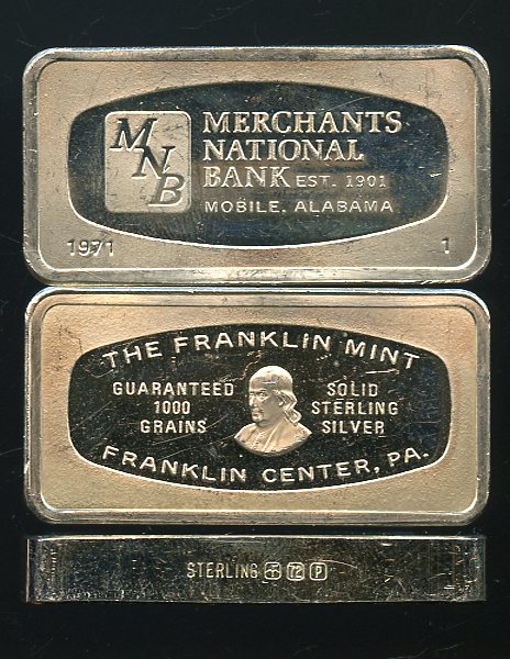 Merchants National Bank Franklin Mint 1000 Grains = 2+ Troy Ounces Sterling Silver