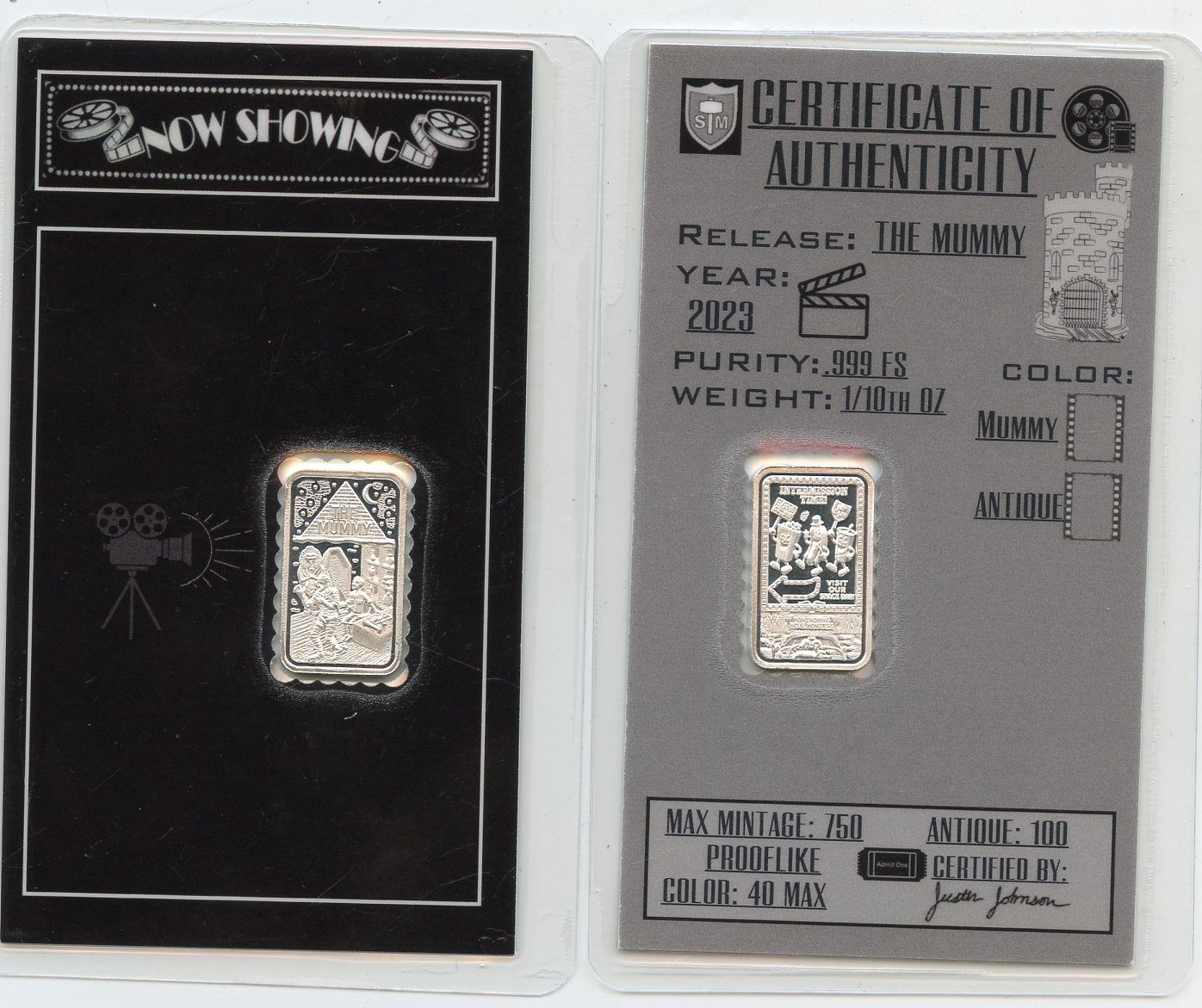 1/10th oz Squires Mints 2023 NOW SHOWING The Mummy with Ticket .999 Fine Silver