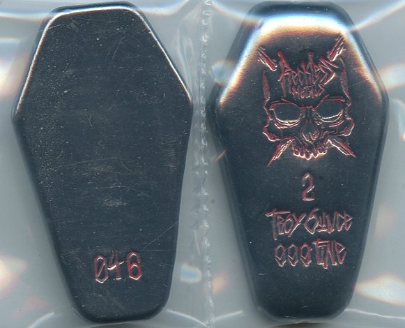 2 OZ Reckless Metals Gunmetal / Blood Coffin .999 fine Silver ltd 255