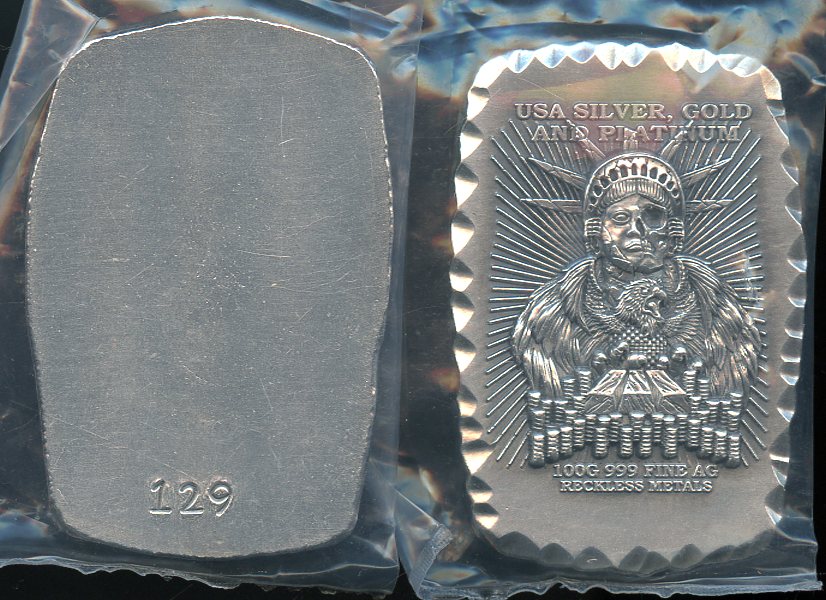 100 Gram Reckless Metals USA Silver Gold & Platinum  .999 silver Bar
