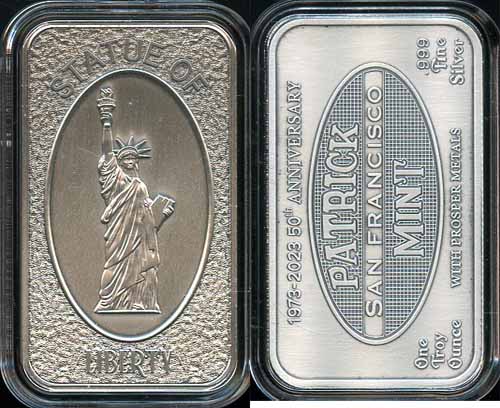 1 OZ Prosper Metals Patrick Mint Statue of Liberty Antiqued .999 Fine silver