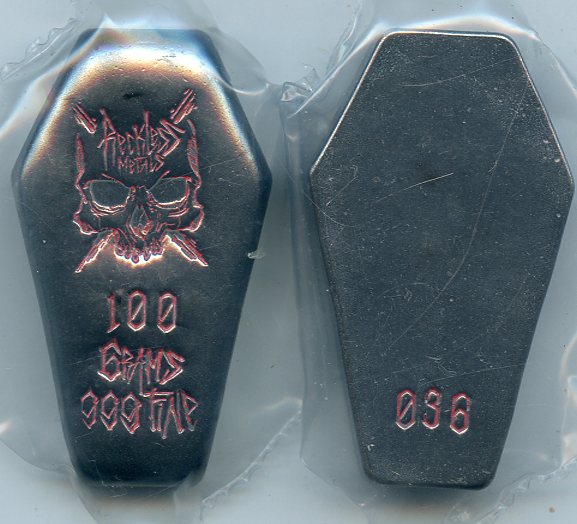 100 Gram Reckless Metals Gunmetal / Blood Coffin .999 fine Silver ltd 200