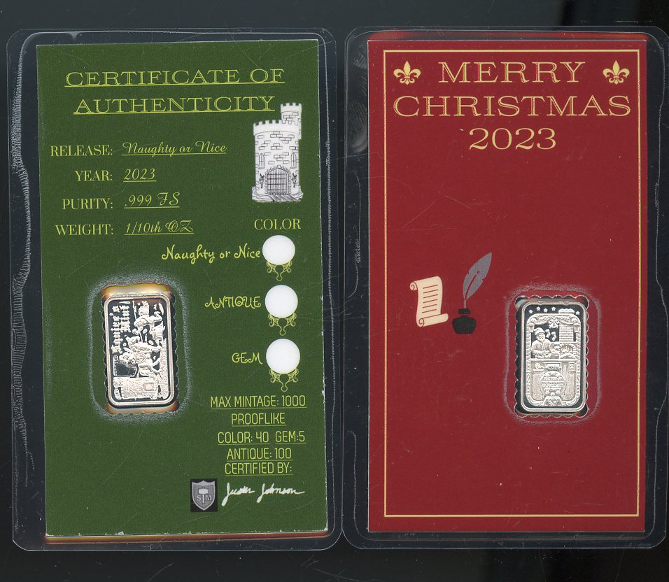 Squires Mint Christmas 2023 Naughty or Nice with Carded COA Mini 1/10th OZ .999 Fine silver