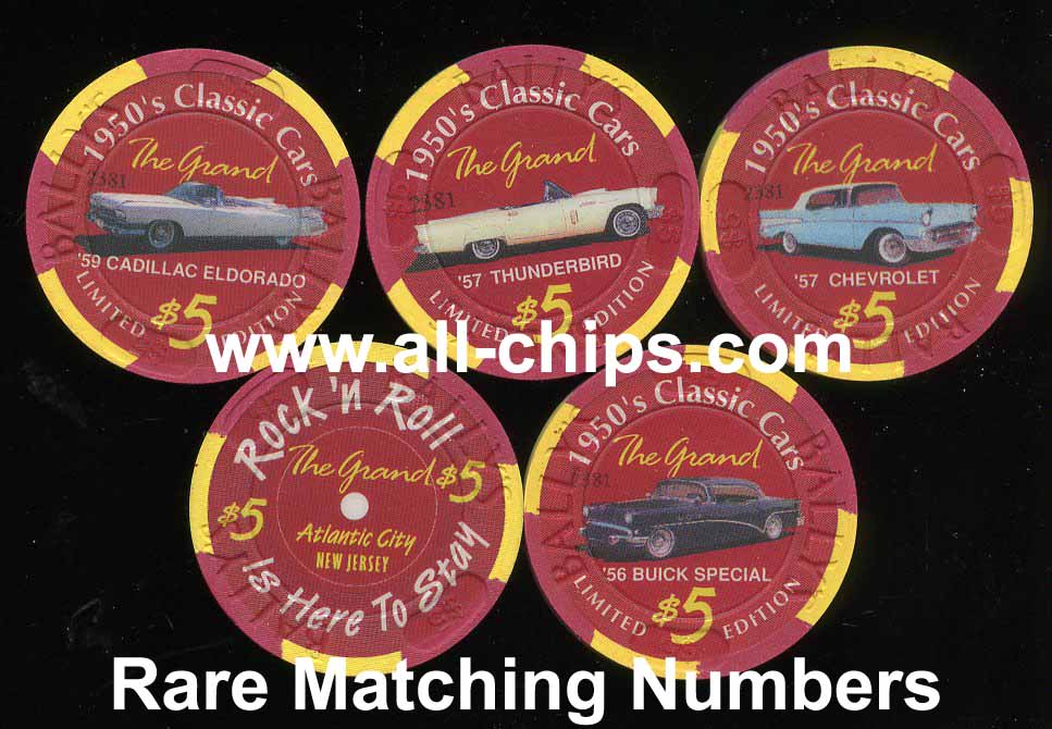 GRA-5i,j,k,l $5 The Grand 1950 Classic Car Set 4 $5 chips Matching Numbers Set