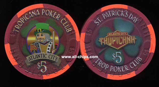 TRO-5l $5 Tropicana Trop Poker Club St Patricks Day 1998