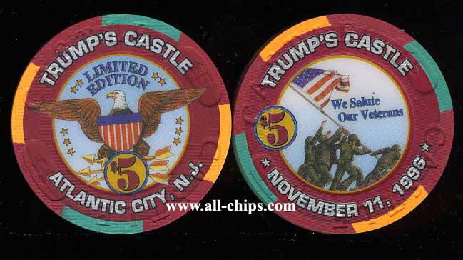 CAS-5z $5 Trump Castle Veterans Day 1996