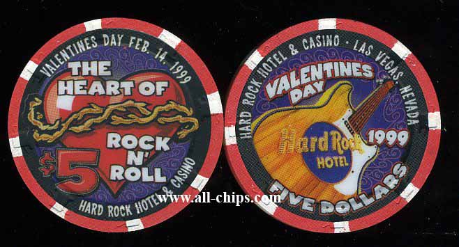 $5 Valentines Day 1999 Hard Rock Las Vegas Casino Chip